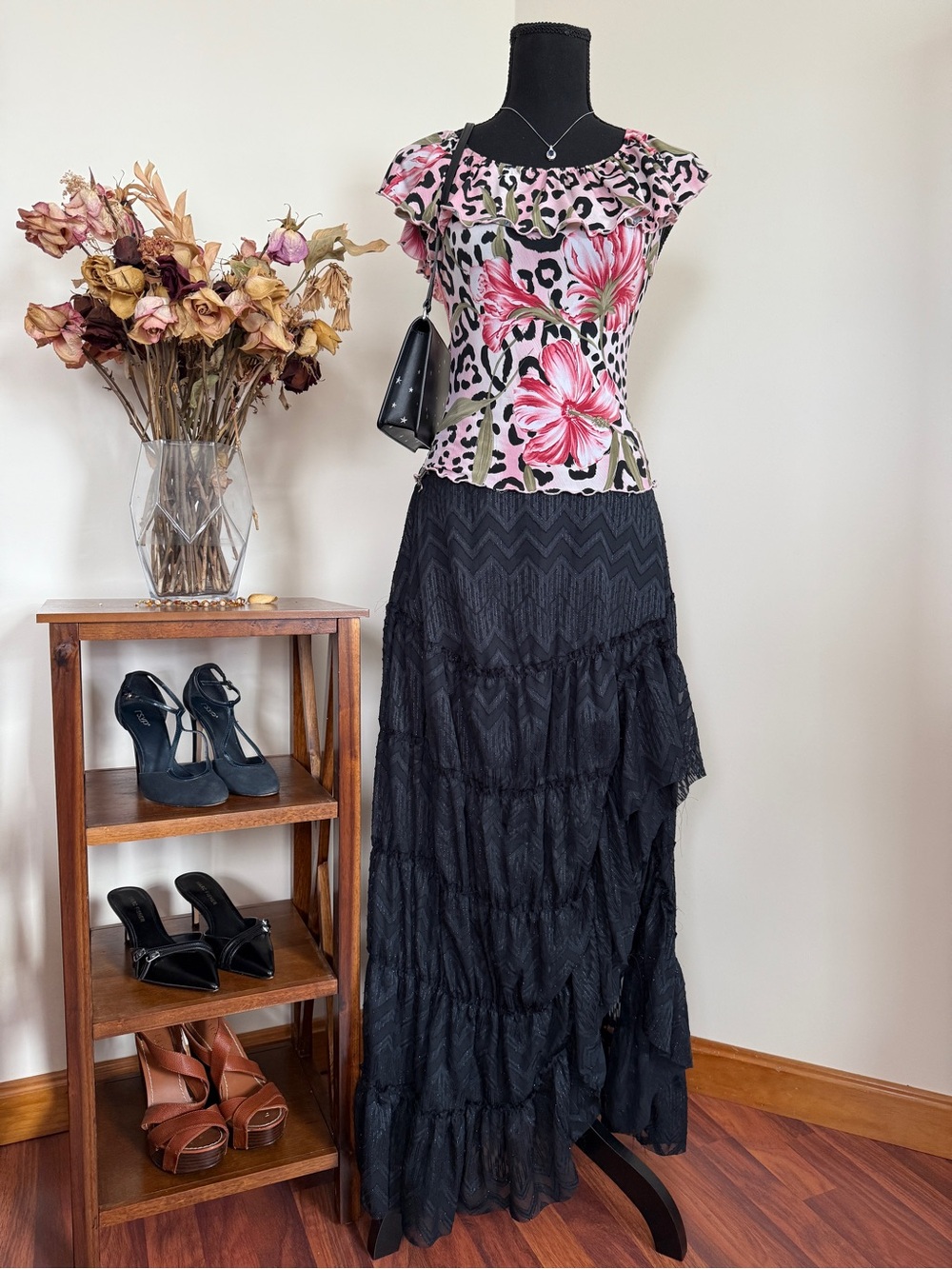 Euro Summer Y2K Animal Floral Print Top w/ Ruffle Neckline | Sz. S/M